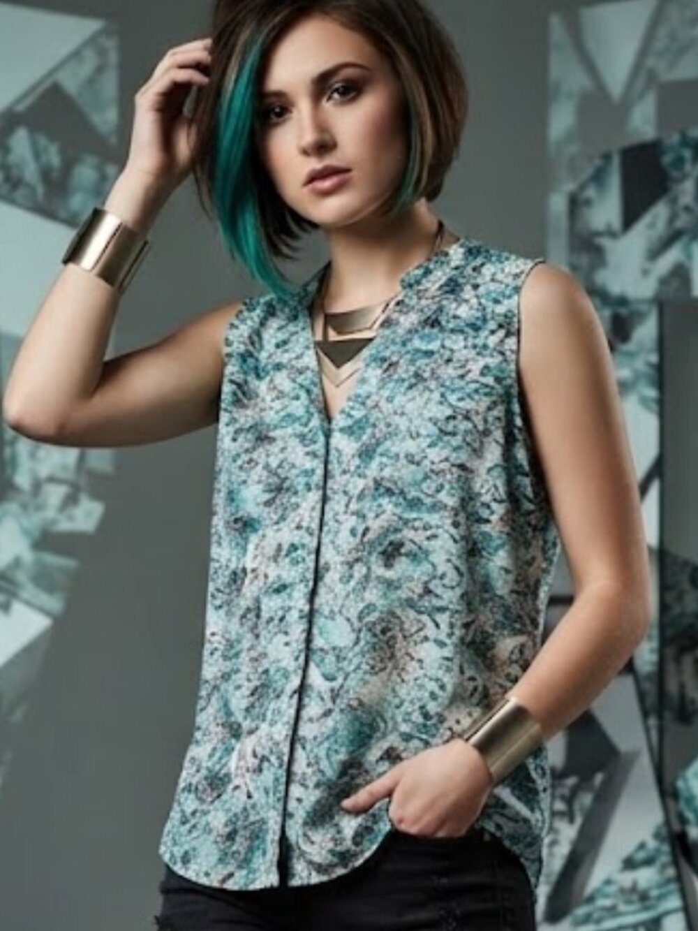 Northern Reflections Teal Abstract Print Sleeveless Blouse Size XL